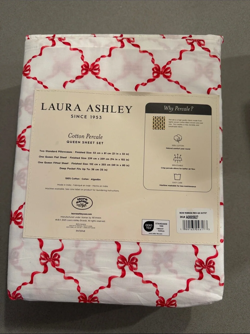 Laura Ashley White Cotton Percale Sheet Set with Red Bow Print